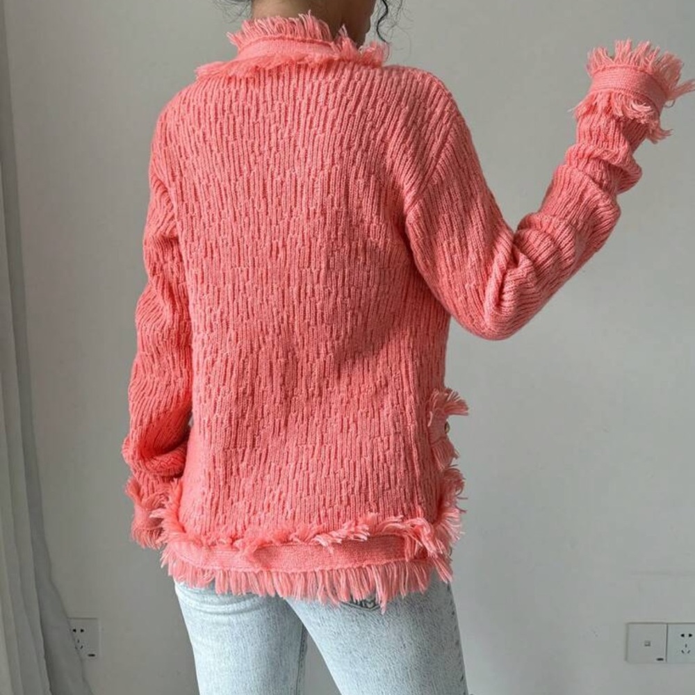 Elenzga Ladies' Long Sleeve Cardigan With Fringed Edges, Buttoned Pockets - Picture 3 of 4